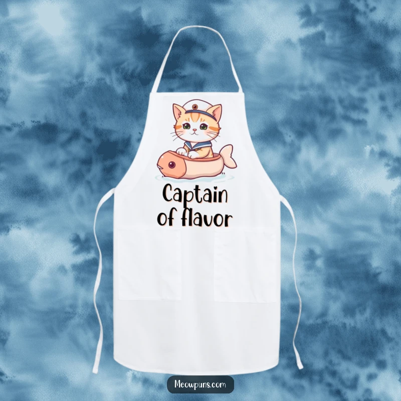 Funny cat apron featuring a cat in a sailor hat sailing a fish-shaped boat, making cooking a nautical adventure.