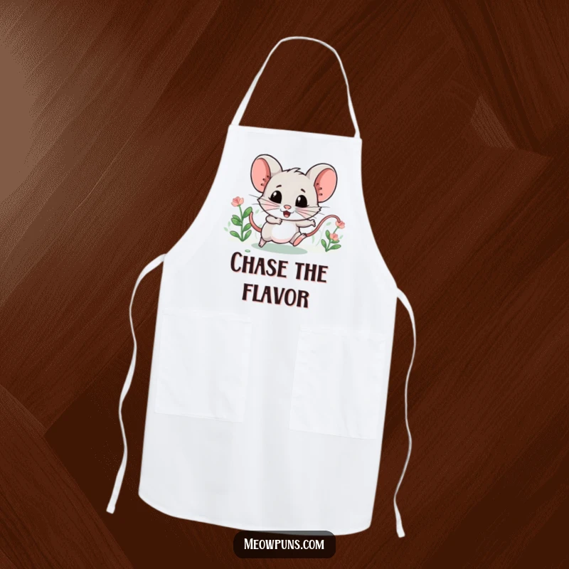 Funny apron with a mischievous catnip mouse character, leading a tiny chase, for playful kitchen antics.