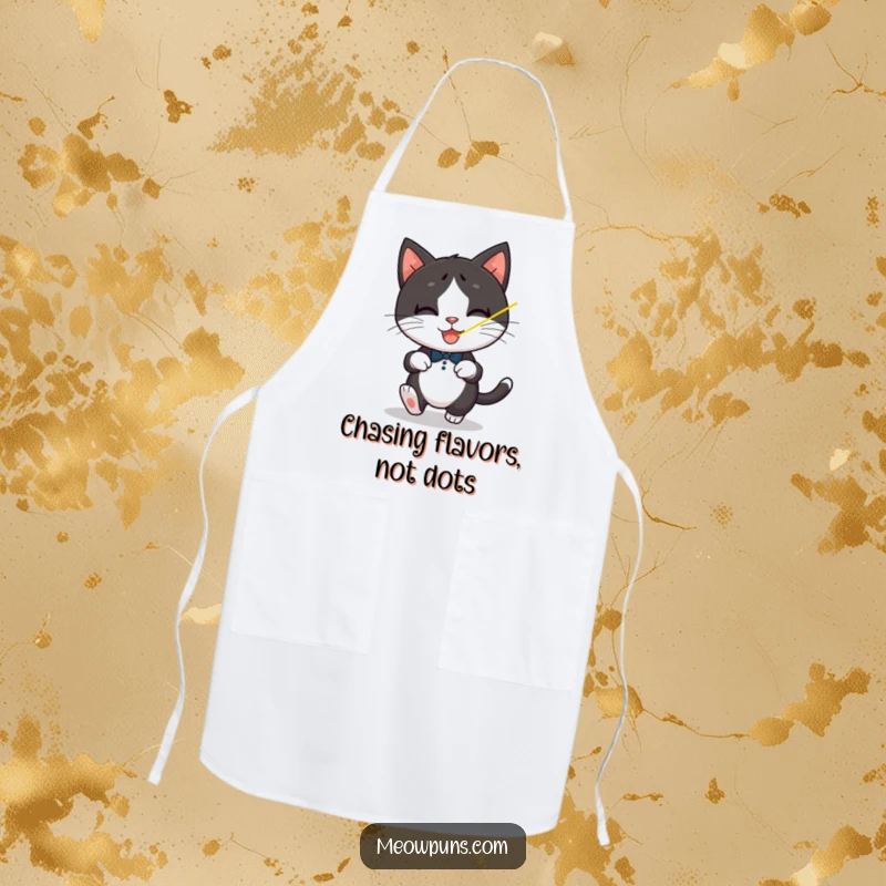 Funny Tuxedo Cat Apron, a playful tuxedo cat chases a laser dot, for humorous kitchen activities.