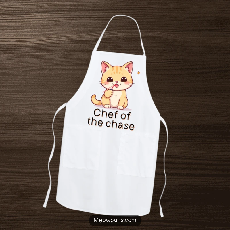 Funny apron depicting a cat triumphantly holding a tiny laser pointer, perfect for funny kitchen victories.