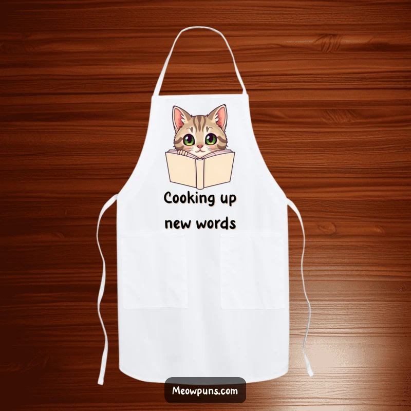 Funny Tabby Cat Apron, a curious tabby cat peeks from behind a dictionary, ideal for humorous cooking.