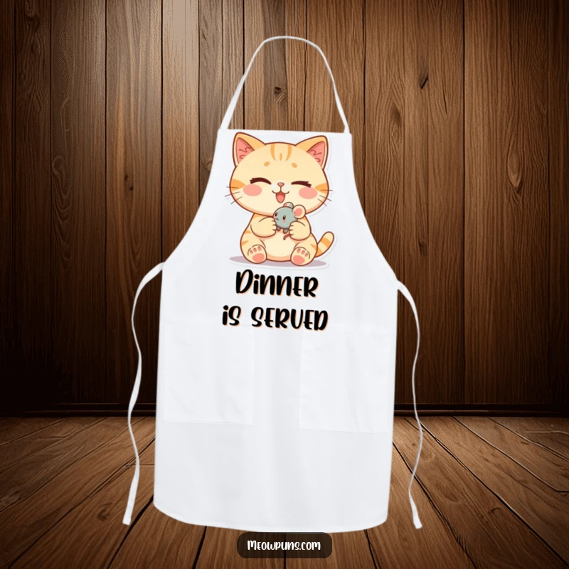 Funny cat apron featuring a cute cat winking slyly while holding a tiny, rolling toy mouse, perfect for cooking.