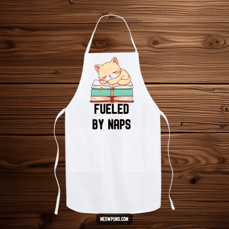 Funny apron featuring a napping cat on a book, designed for humorous kitchen use by book-loving cat owners.