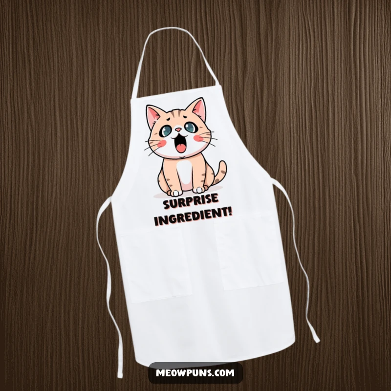 Funny Astonished Cat Apron: An astonished cat and exclamation mark, a humorous and practical kitchen accessory.
