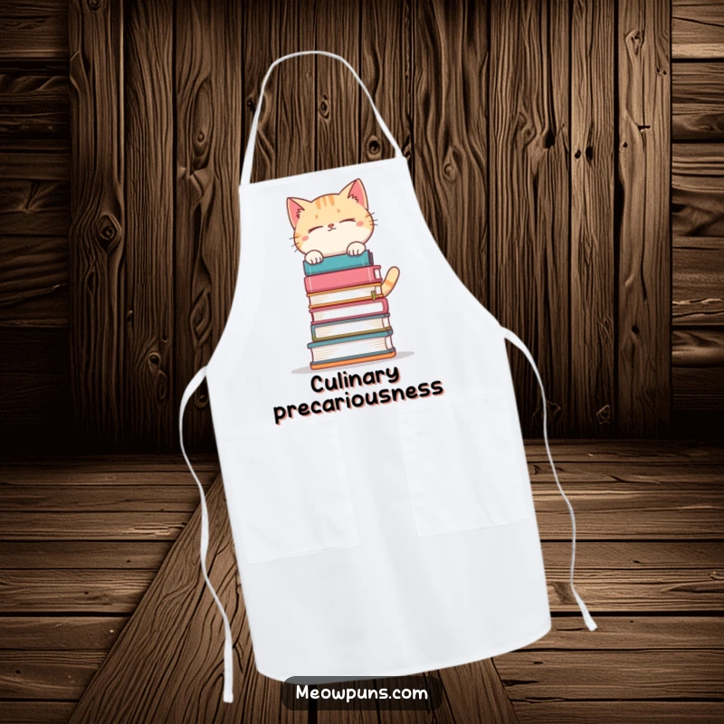 Funny cat balancing a stack of books on an apron, perfect for kitchen or studio use with a literary theme.