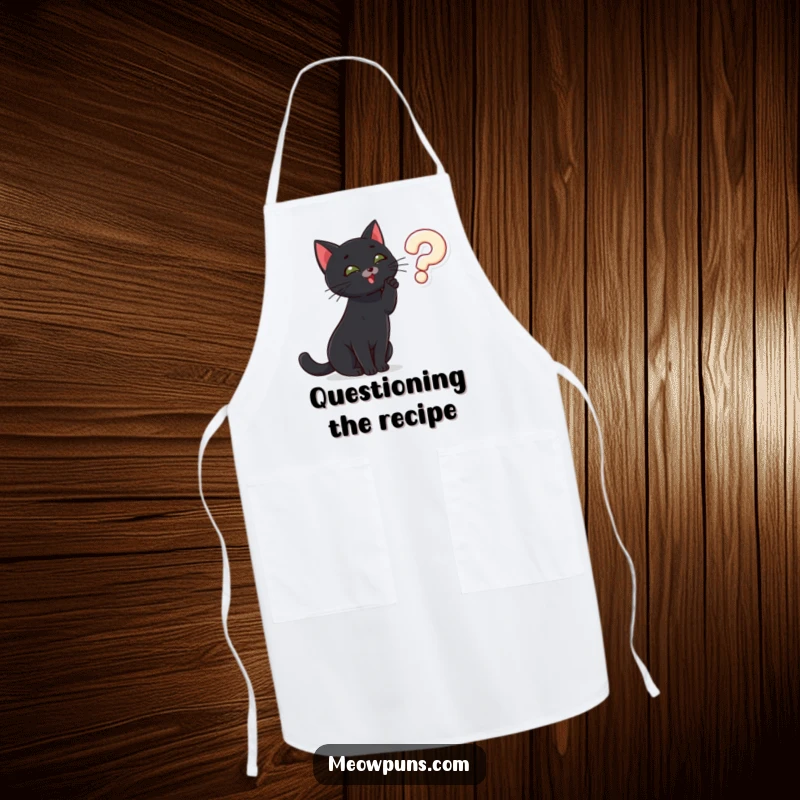 Funny black cat batting at a question mark, on a cooking apron, adding a humorous and investigative touch to kitchen wear.