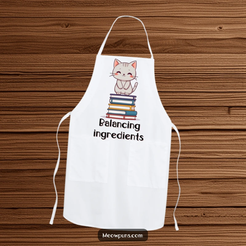 Funny grey cat balancing on a stack of books, on a cooking apron, adding a humorous and skilled touch to kitchen attire.