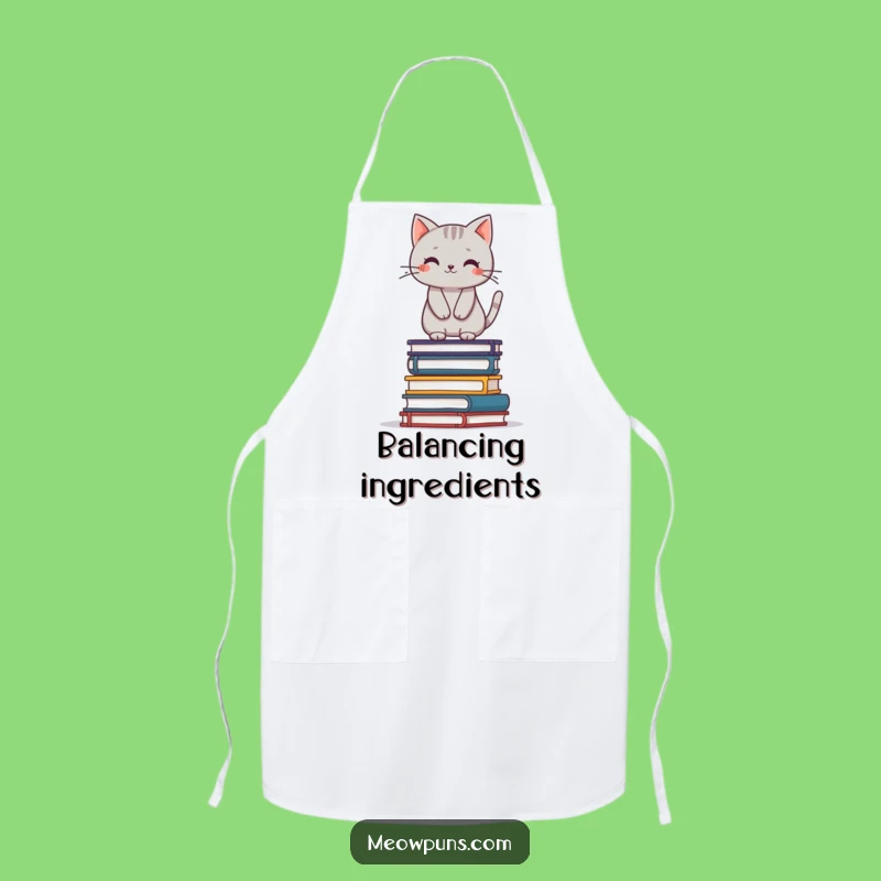 Funny Cat Chef Apron: Grey Cat Balancing Books, Cute Kitchen Bib Gift