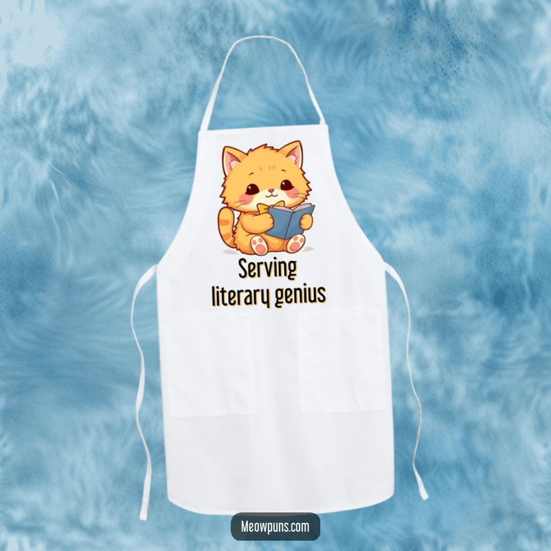 Funny orange cat wearing a bowtie, reading a book while in the kitchen, featured on a cooking apron, adding a humorous touch.