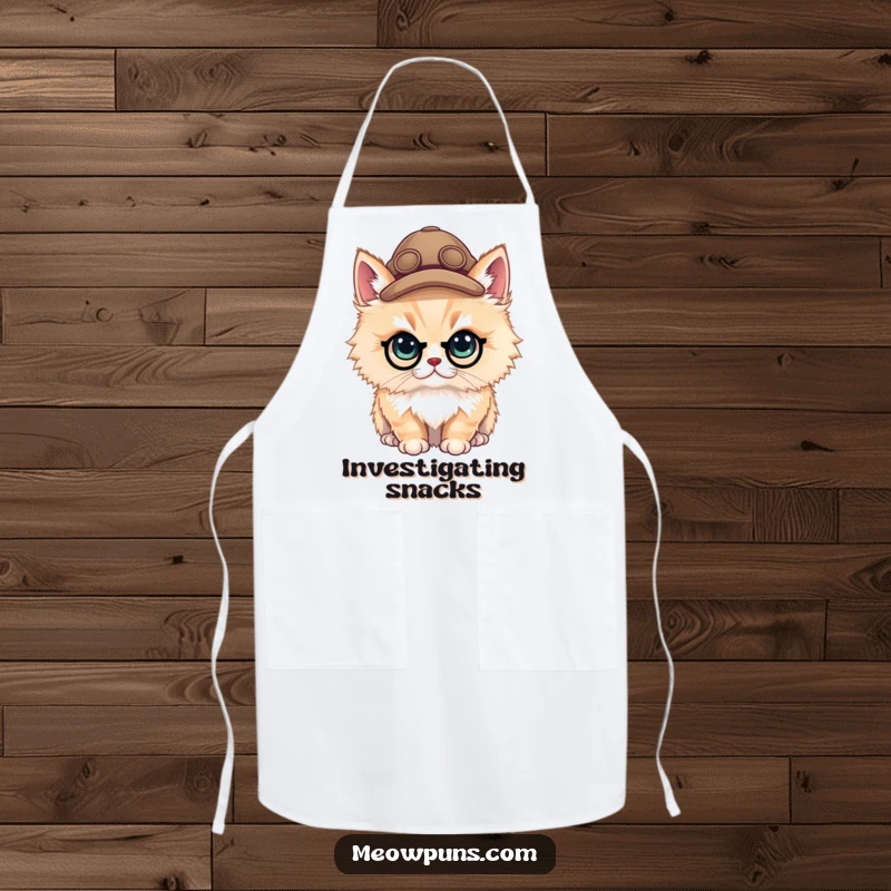 Funny fluffy cat detective in a mini hat on an apron, perfect for a kitchen or craft room.
