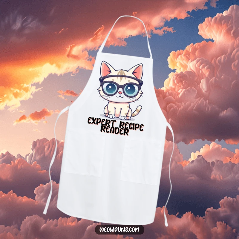Funny apron featuring a cute cat character with oversized reading glasses, looking ready to tackle recipes with intellectual focus.