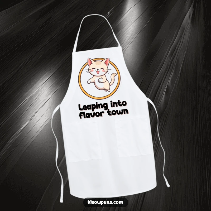 Funny cat apron designed with a cat jumping through an M-shaped hoop, making meal prep a joyful and humorous activity.