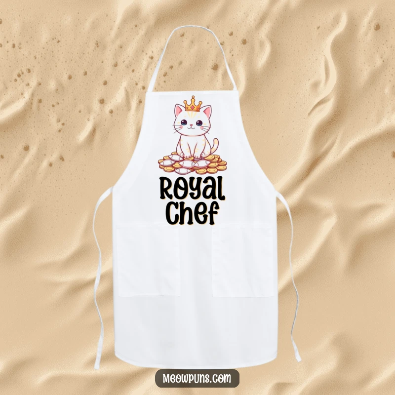 Funny apron with a cat wearing a tiny crown and sitting on fish-shaped coins, perfect for royal kitchen adventures.