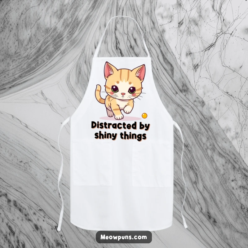 Funny apron with a cat intensely chasing a laser pointer dot, adding humor and focus to the kitchen.