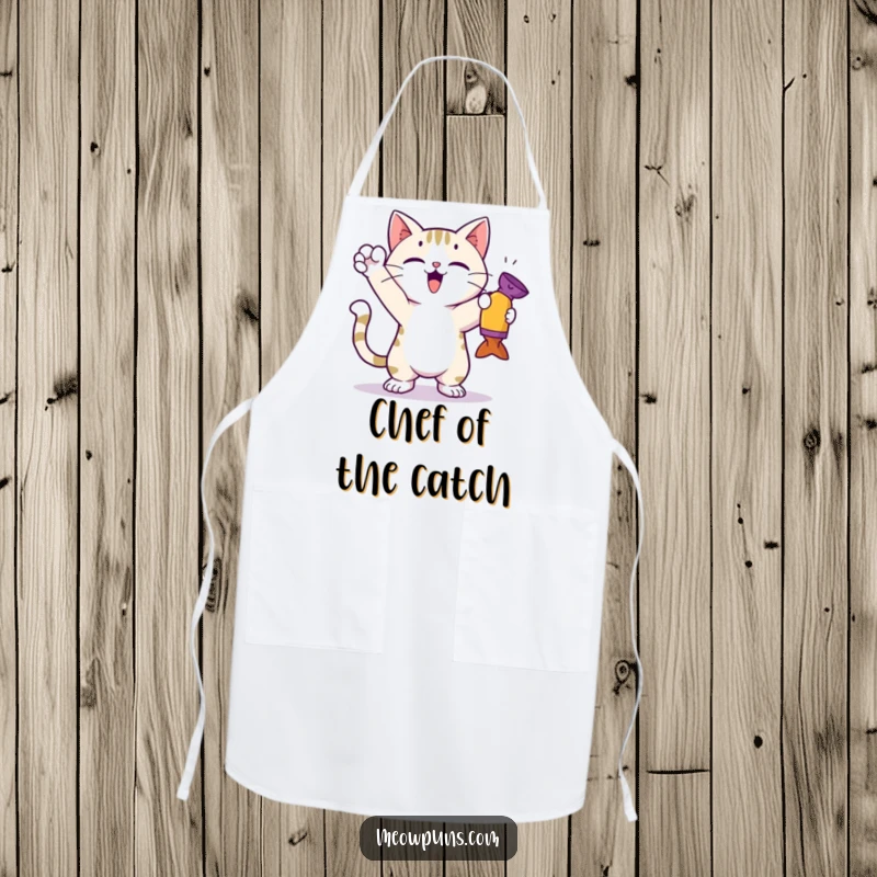Funny cat apron featuring a cute cat in a triumphant pose after catching a toy, perfect for cooking.
