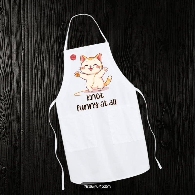 Funny Cat Apron: Whimsical character skillfully juggling yarn balls while wearing a chef’s hat, perfect for messy cooks.