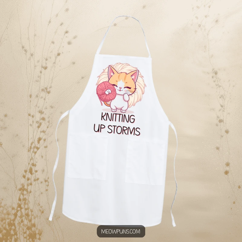 Funny apron with a playful cat batting a giant, fuzzy yarn pom-pom, perfect for a fun and whimsical cooking experience.