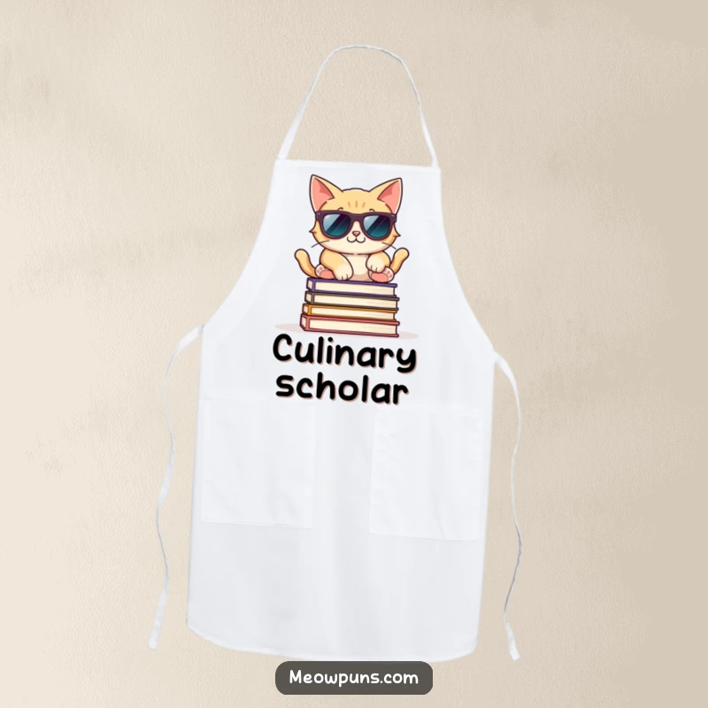 Funny apron with a cool cat wearing sunglasses, posed on books, perfect for a relaxed and sassy cooking experience.