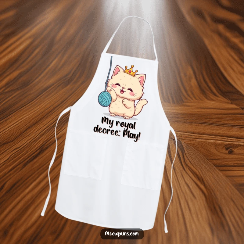 Funny apron with a fluffy cat wearing a crown, playing with a yarn ball, representing kitchen humor and regal feline enthusiasm.