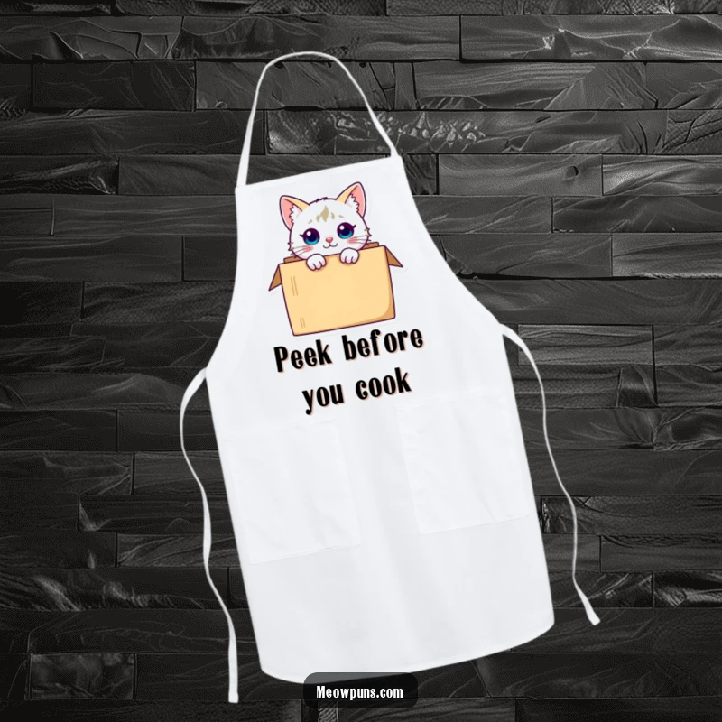 Funny curious cat character peeking from a box, featured on a functional apron for a humorous and intriguing cooking experience.