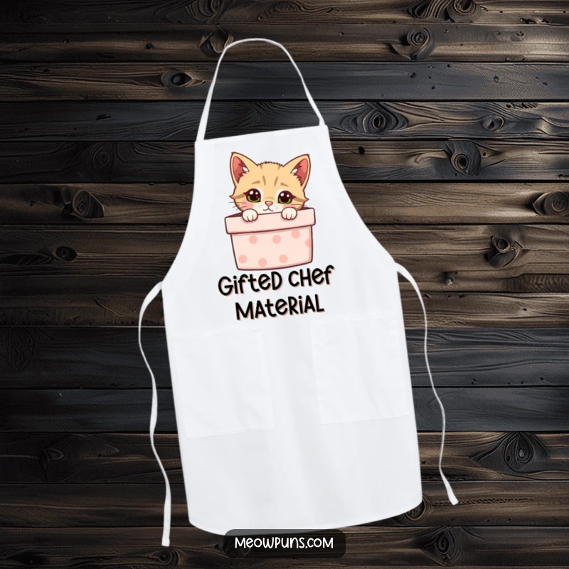 Funny apron with a curious cat peeking from a gift box, ideal for humorous kitchen protection.
