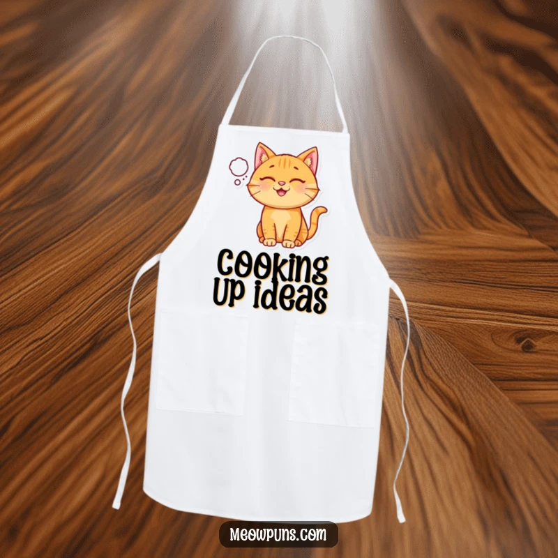 Funny Ginger Cat Apron, a happy ginger cat wears a tiny thought bubble, for cheerful cooking.