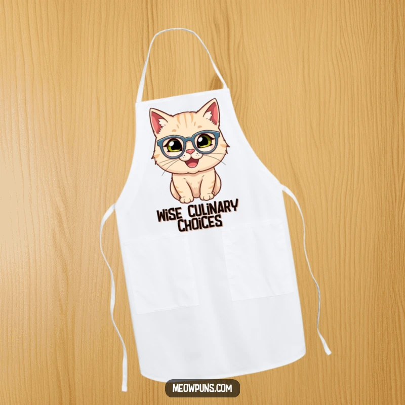 Funny apron with a happy cat wearing spectacles, ideal for humorous kitchen use by smart cooks.