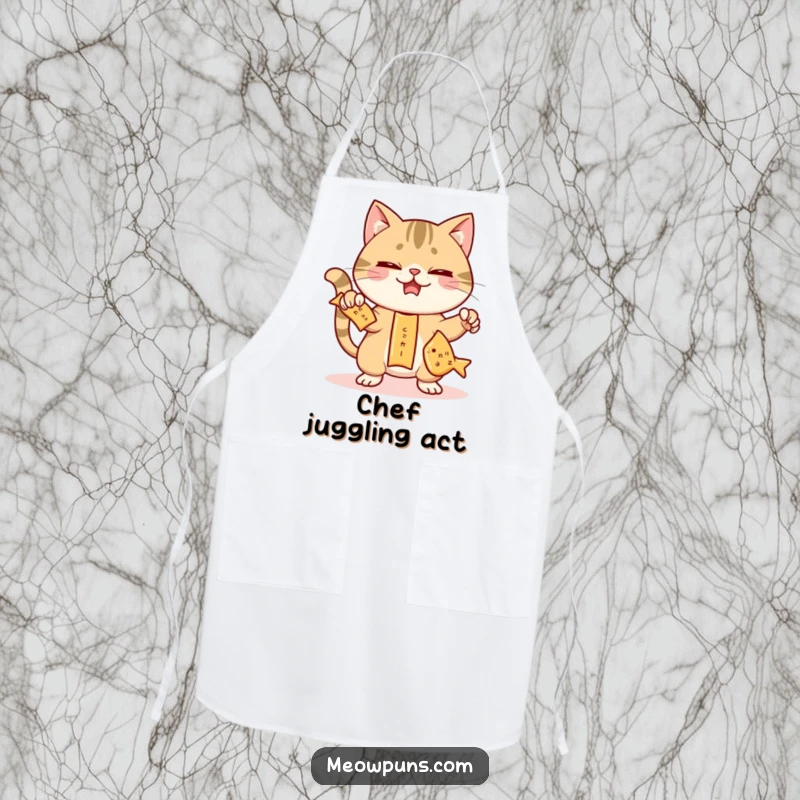 Funny apron with a mischievous cat juggling three fish-shaped crackers, perfect for kitchen fun and culinary comedy.