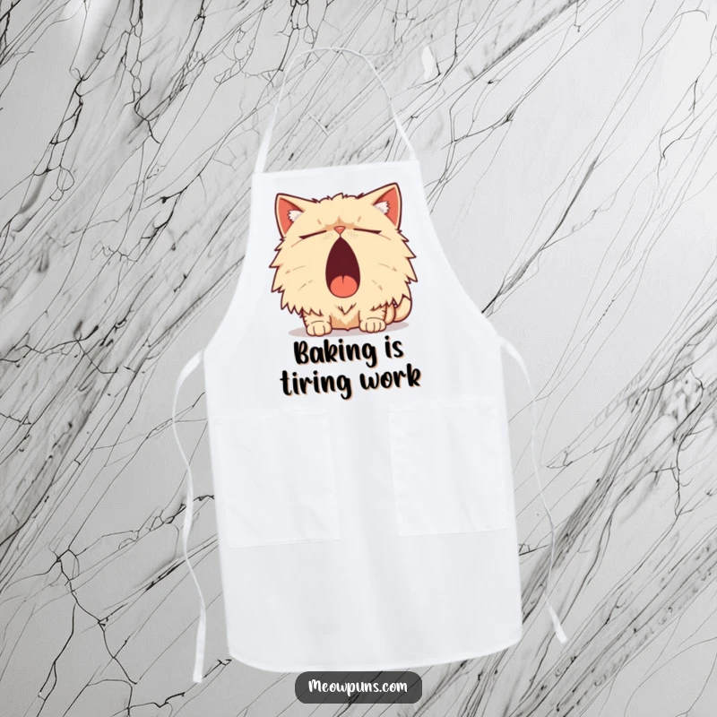 Funny Persian Cat Apron, a sleepy Persian cat yawns widely with a pun, for humorous cooking.