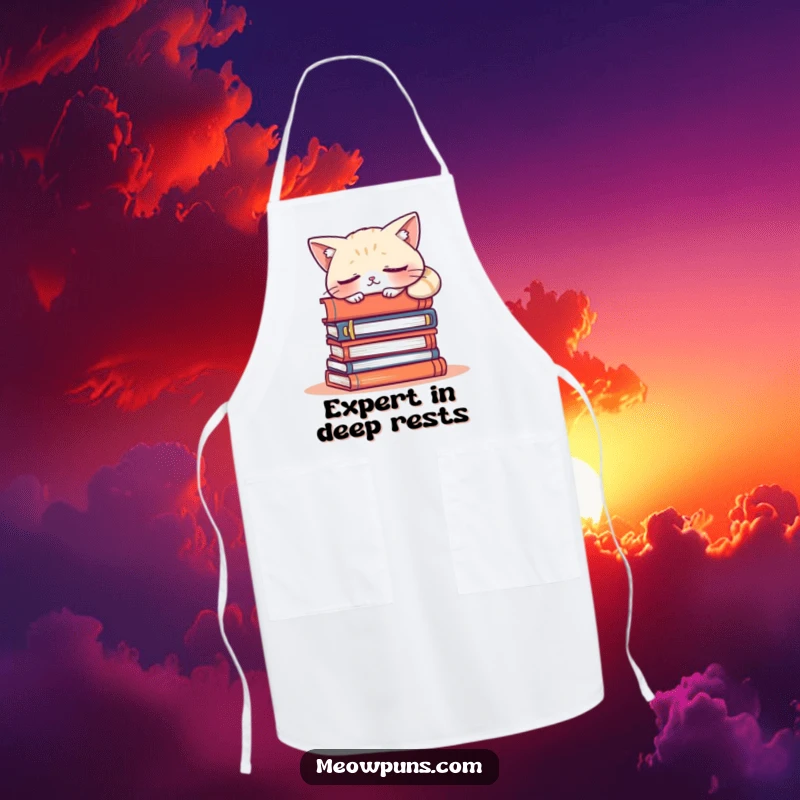 Funny apron featuring a sleepy cat character napping contentedly on a stack of books, perfect for culinary creatives who love feline friends.