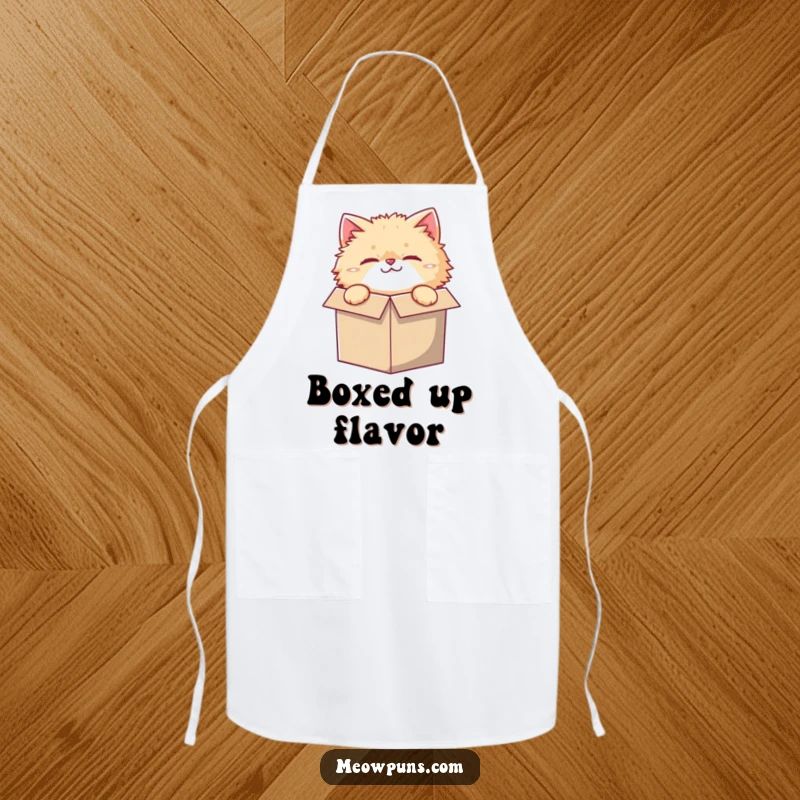 Funny apron with a fluffy cat character, curiously peeking from a ridiculously small box, for kitchen fun.