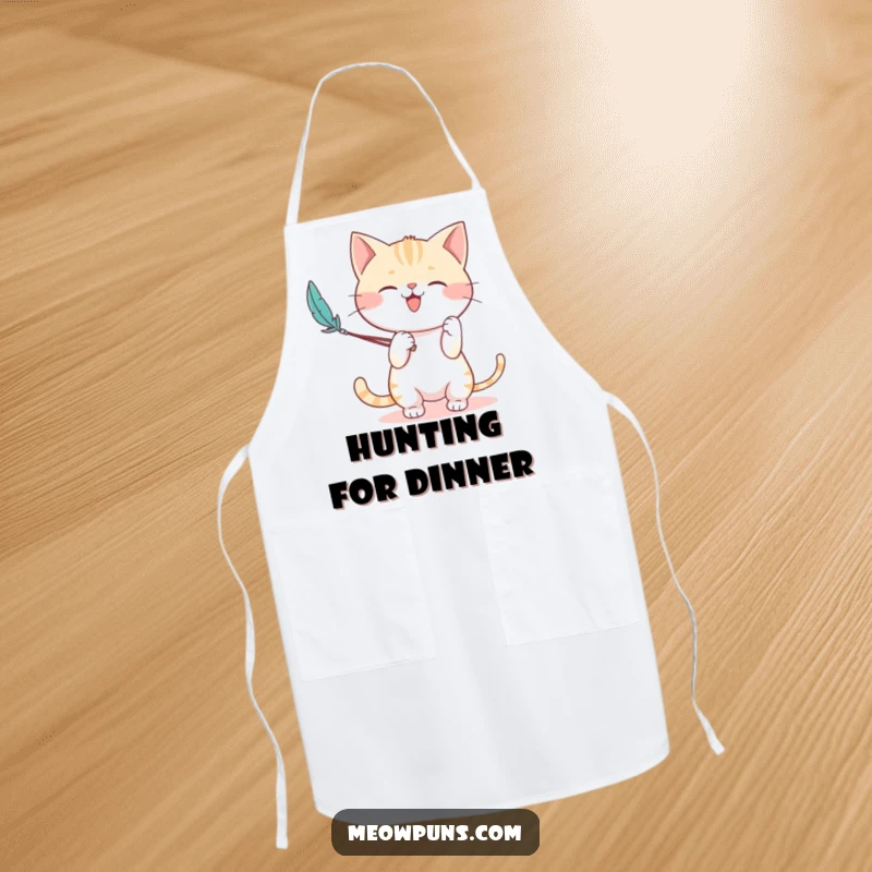 Funny apron showcasing a cute cat character enthusiastically playing with a feather wand, ready to add fun to kitchen tasks.