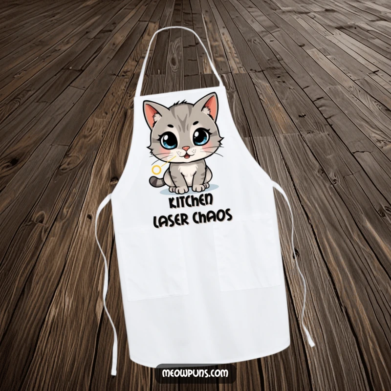 Funny apron with a cat with wide, amazed eyes chasing a laser dot in a dizzying pattern, perfect for energetic kitchen fun.