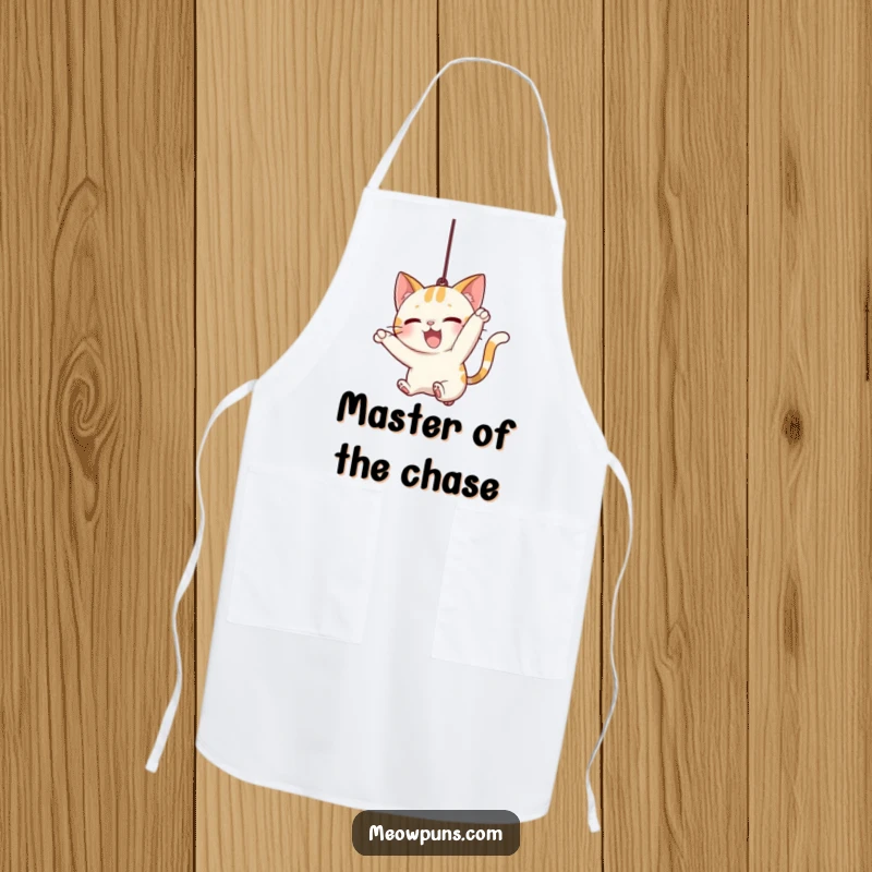 Funny Cat Pounce Apron, showing a cat intensely pouncing on a string, perfect for adding humor to kitchen activities.