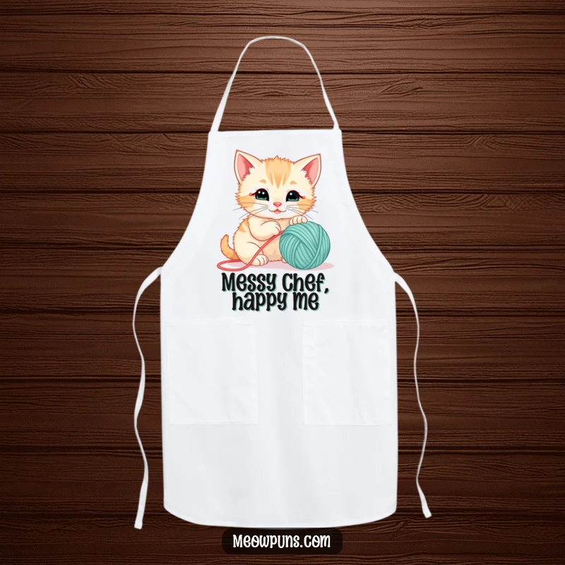 Funny apron with a playful kitten batting at a ball of yarn, adding humor and cuteness to any kitchen.
