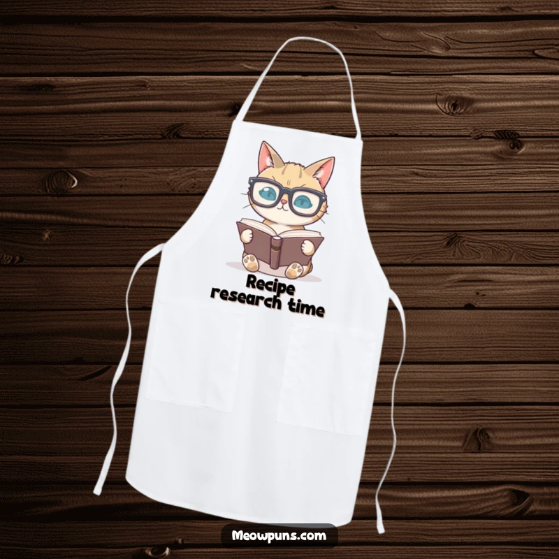 Funny cat wearing glasses reading a book on an apron, ideal for cooking or crafting with a literary twist.