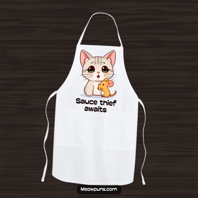 Funny apron with a surprised cat watching a mouse holding a tiny cheese wedge, perfect for a humorous and entertaining cooking experience.