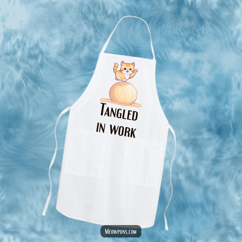 Funny apron depicting a cat leaping dramatically over a huge ball of yarn, adding playful flair to the kitchen.