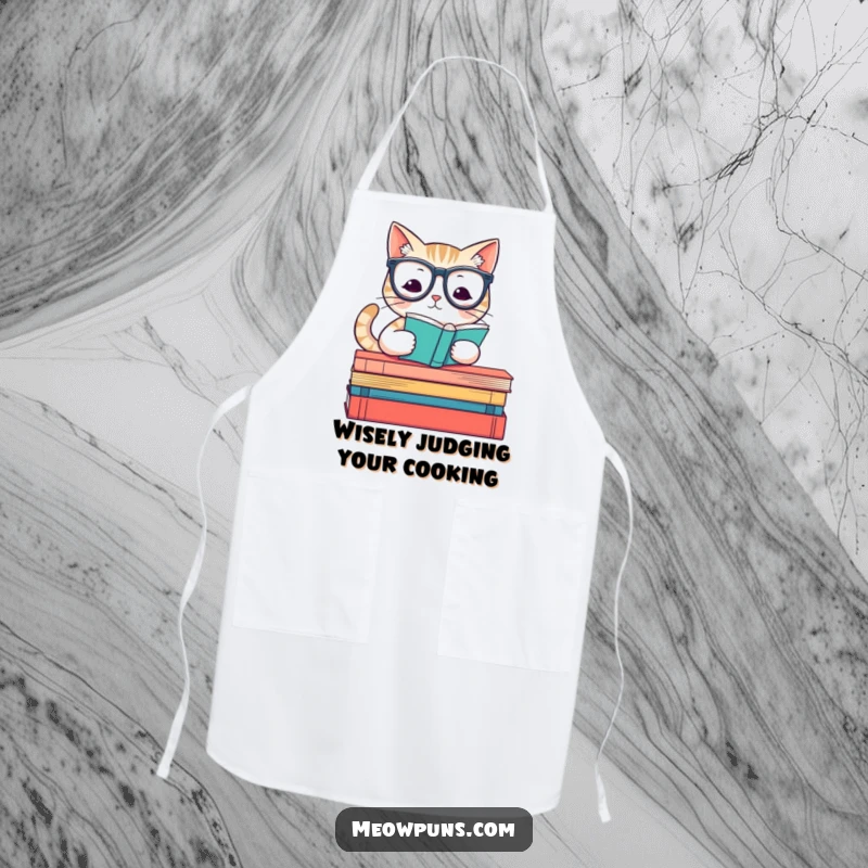 Funny apron with a smart cat wearing reading glasses on books, perfect for chefs and book lovers, adding humor to the kitchen.