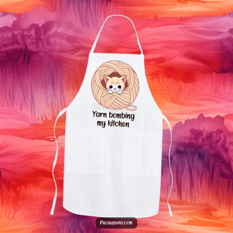 Funny apron with a cute cat character peeking from a yarn ball, designed for cat lovers who enjoy cooking or crafting.