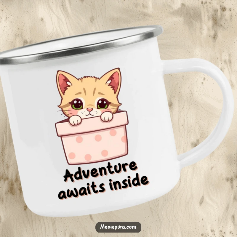 Funny camping mug showing a curious cat peeking from a gift box, great for outdoor humor.