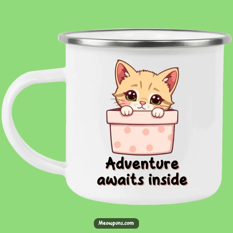 Funny Curious Cat Gift Box Camping Mug - Hilarious Outdoor Surprise for Coffee Lovers