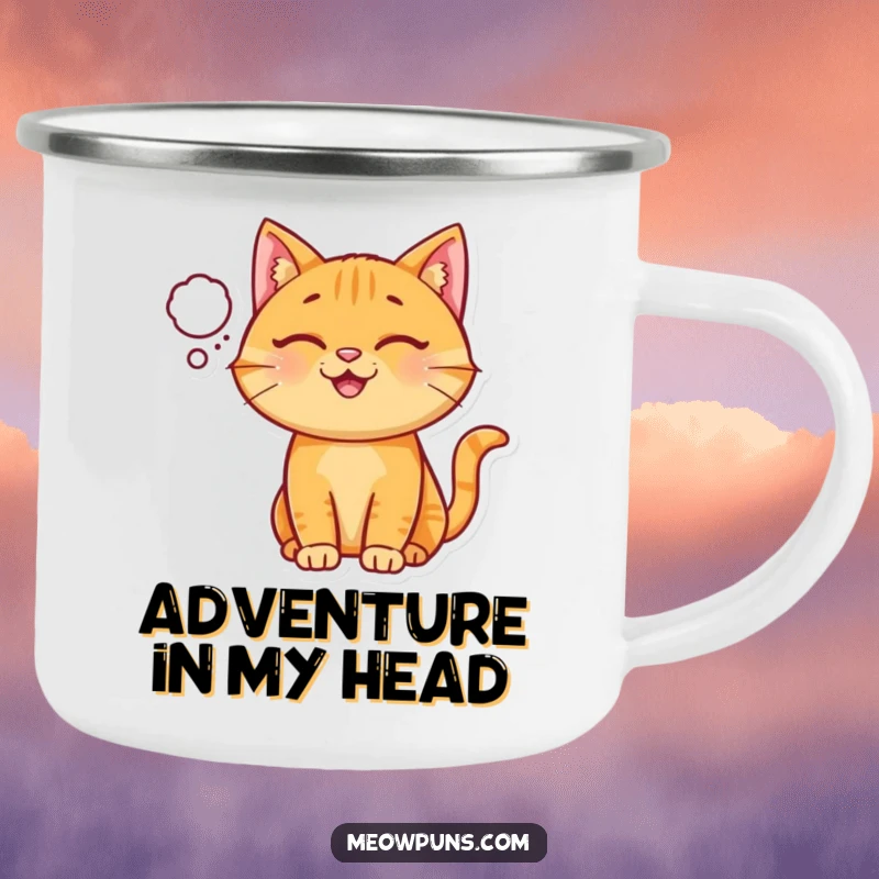 Funny Ginger Cat Camping Mug, a happy ginger cat wears a tiny thought bubble, for cheerful outdoor sips.
