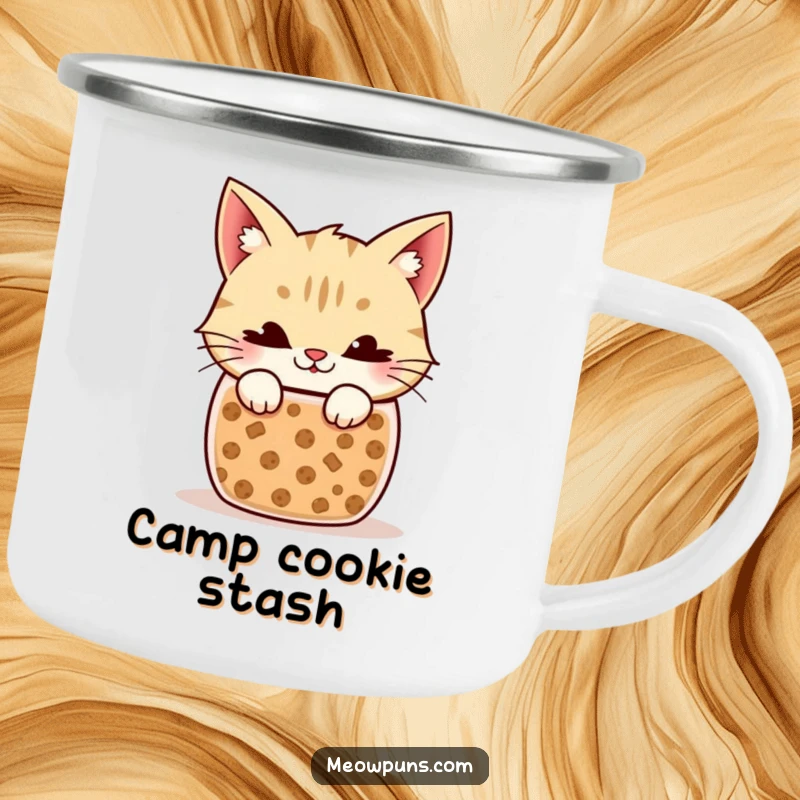 Funny Cat Camping Mug: Sturdy enamel mug featuring a sneaky cat peeking from a cookie jar, perfect for outdoor beverages.