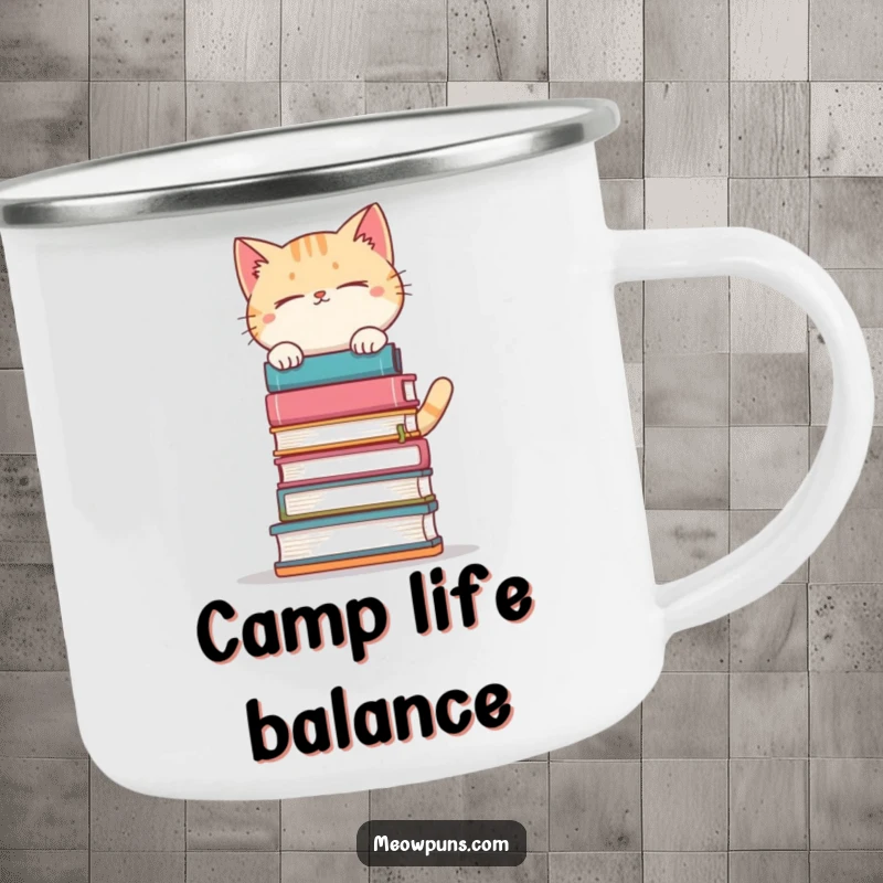 Funny cat balancing a tall stack of books on a camping mug, perfect for literary adventurers.