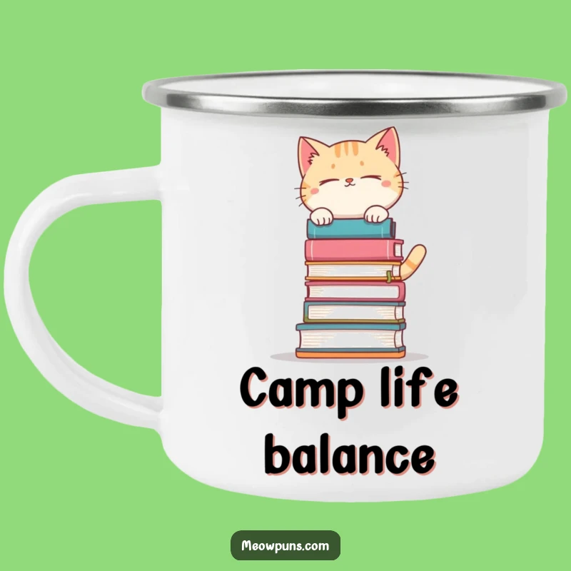 Funny Book Balancing Cat Camping Mug: Your Hilarious Companion for Literary Adventures