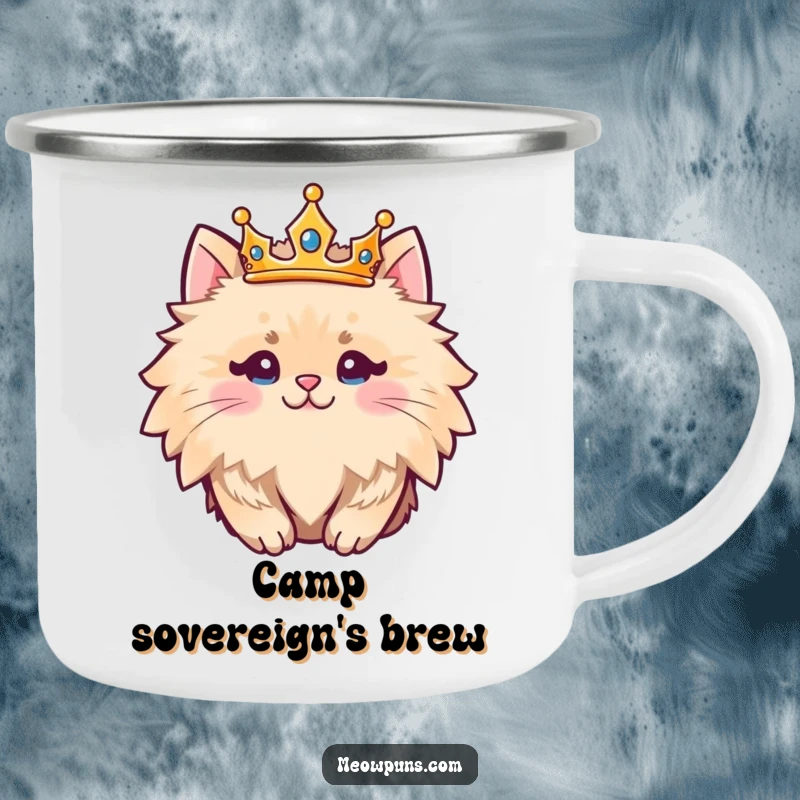 Funny fluffy cat character wearing a crown, designed for durability and regal fun on this camping mug.