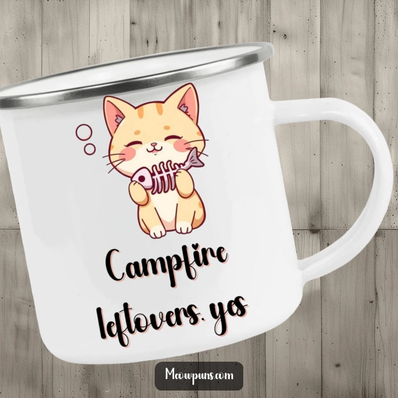 Funny camping mug with a cute, pleased cat and a fish skeleton in its thought bubble, perfect for outdoor wit.