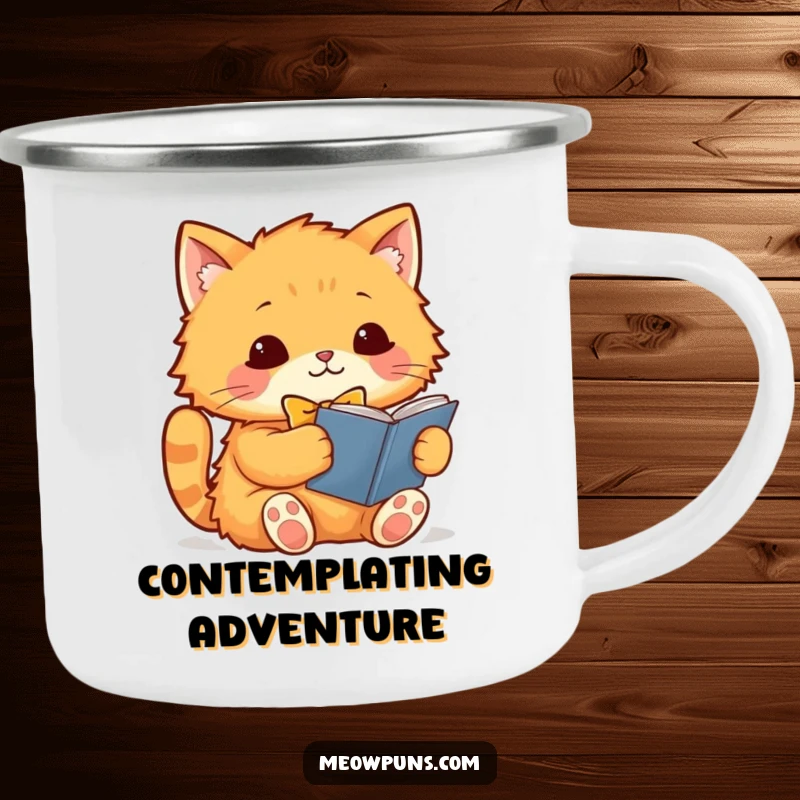Funny orange cat wearing a bowtie, reading a book, on a vintage-style enamel camping mug for rugged outdoor use.
