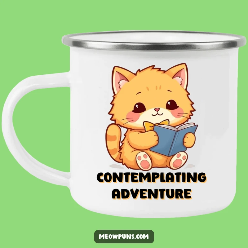 Funny Cat Camp Mug: Orange Cat Reading, Enamel Mug, Outdoor Literary Gift